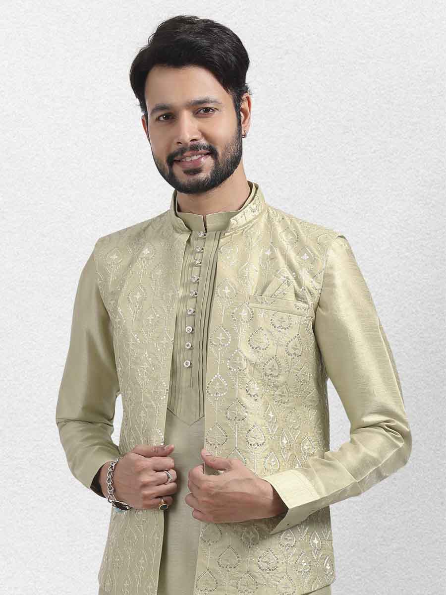 Pista Green Art Banarasi Silk Woven Festival Wedding Kurta