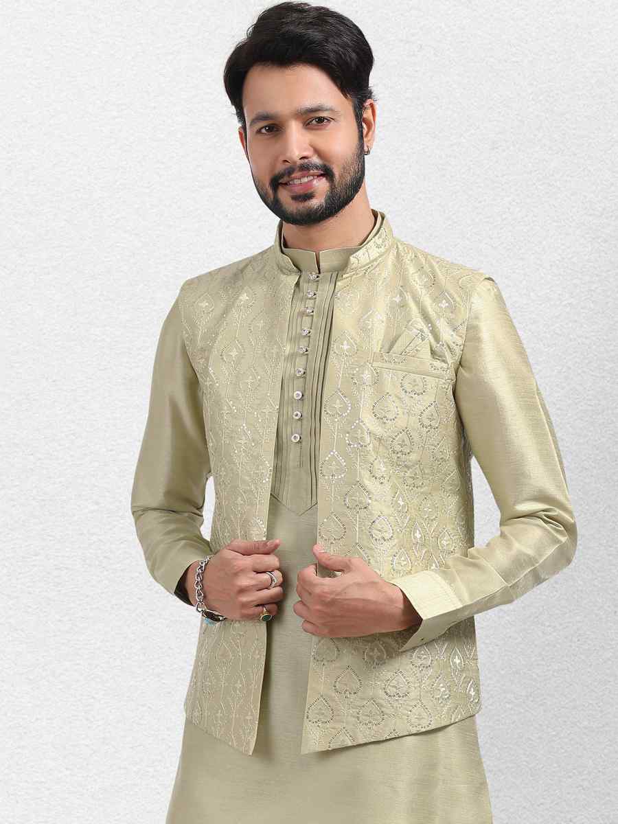 Pista Green Art Banarasi Silk Woven Festival Wedding Kurta