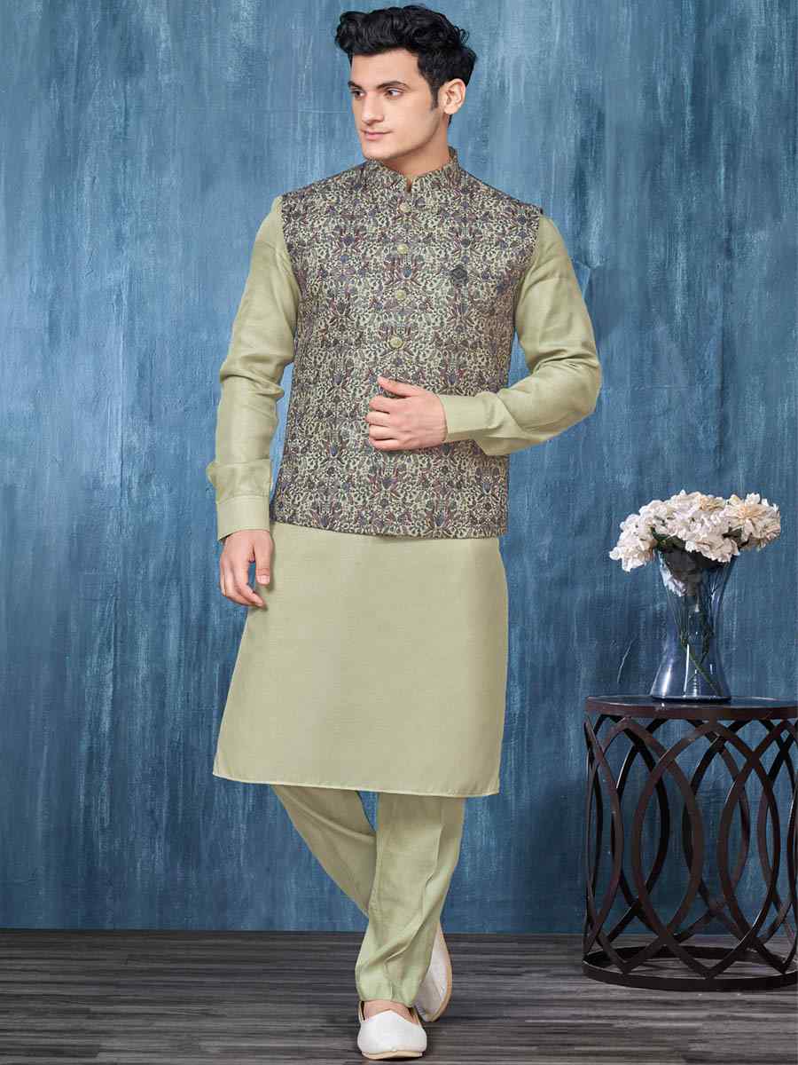 Pista Green Art Banarasi Silk Woven Festival Wedding Kurta