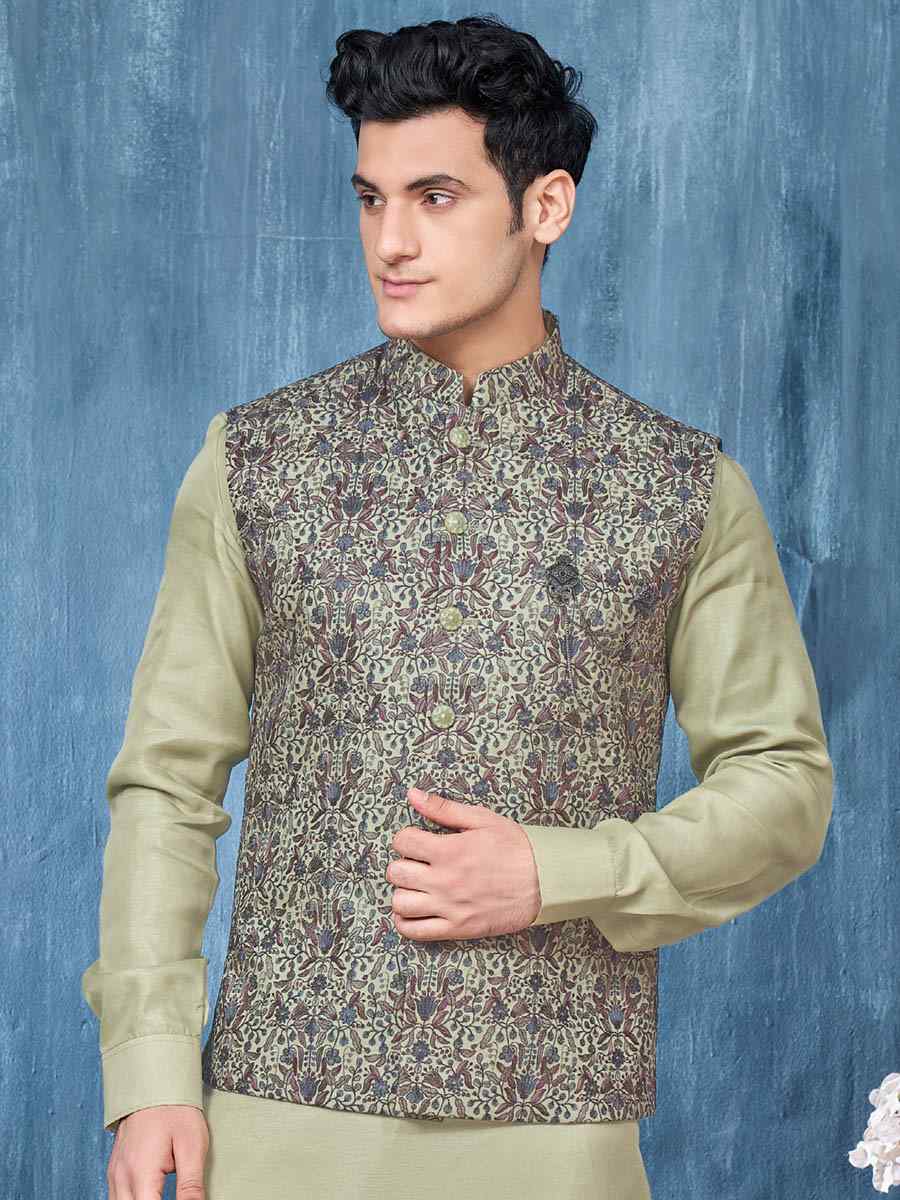 Pista Green Art Banarasi Silk Woven Festival Wedding Kurta