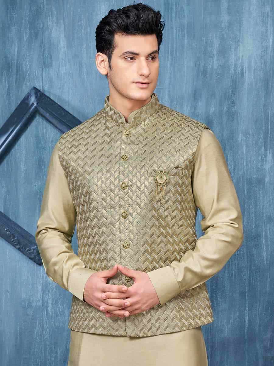 Pista Green Art Banarasi Silk Woven Festival Wedding Kurta