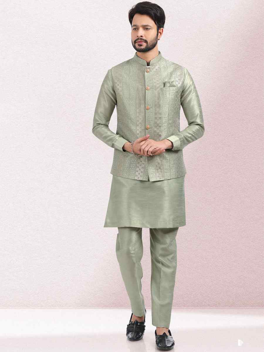 Pista Green Art Banarasi Silk Woven Festival Wedding Kurta