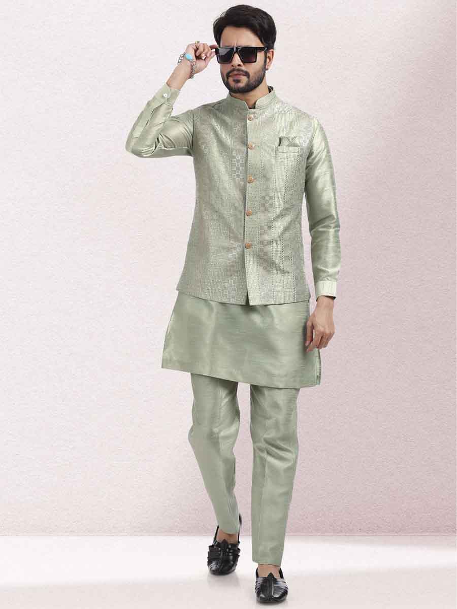 Pista Green Art Banarasi Silk Woven Festival Wedding Kurta