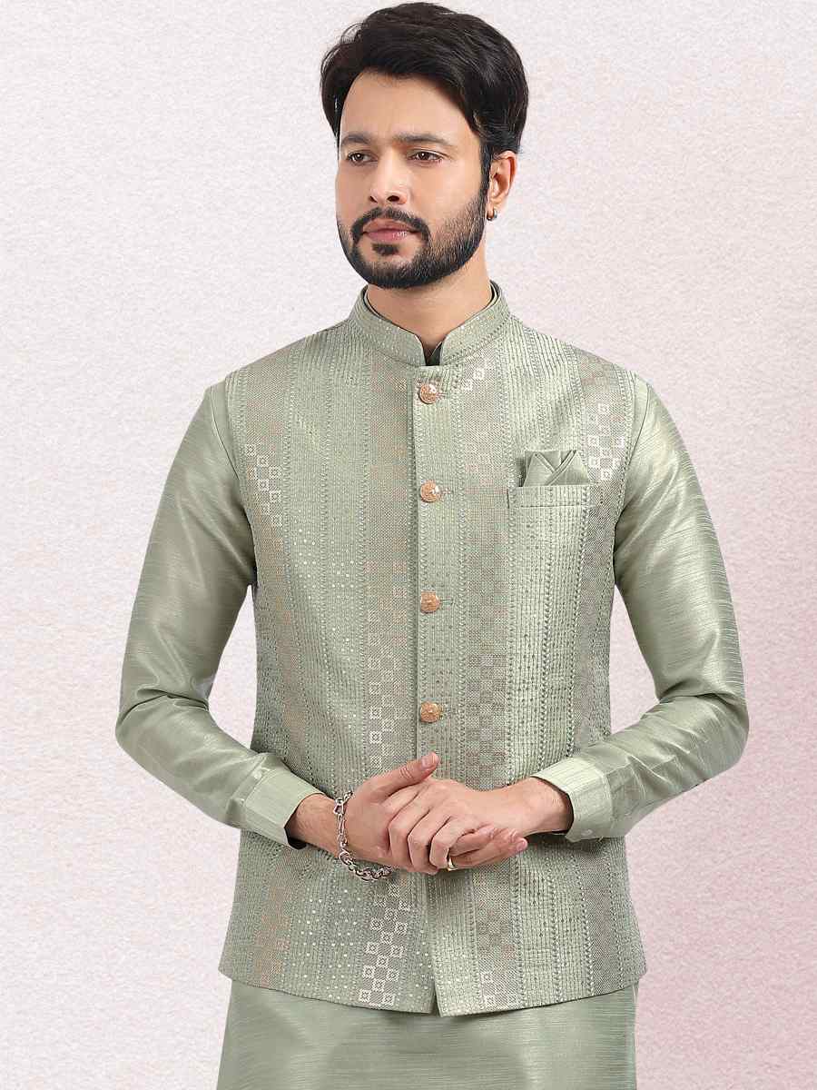 Pista Green Art Banarasi Silk Woven Festival Wedding Kurta