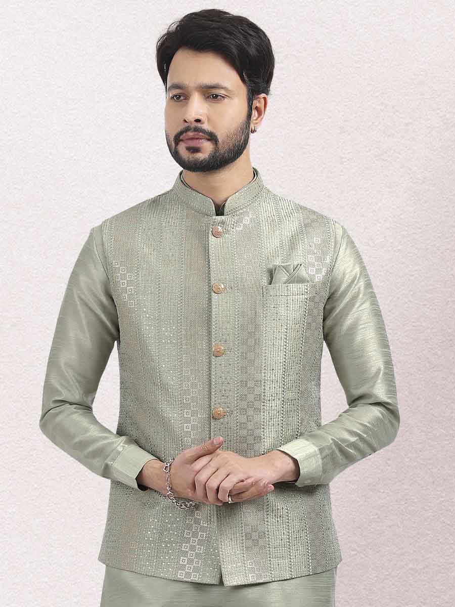 Pista Green Art Banarasi Silk Woven Festival Wedding Kurta
