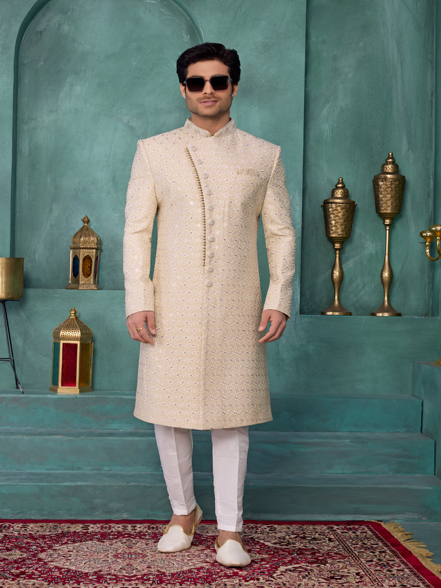 Pista green Art silk Embroidered Computer Thread work Wedding Party Festival Groom Sherwani