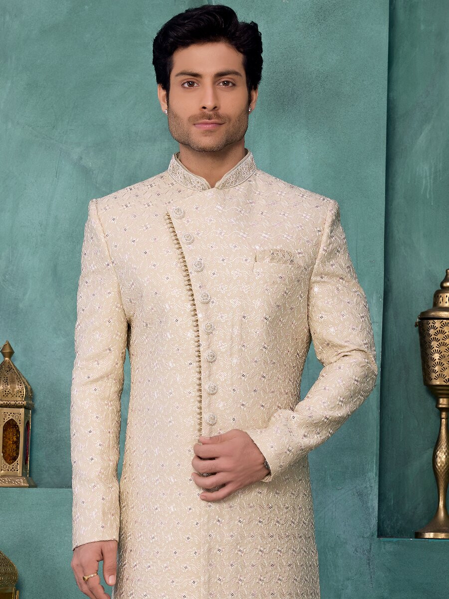Pista green Art silk Embroidered Computer Thread work Wedding Party Festival Groom Sherwani