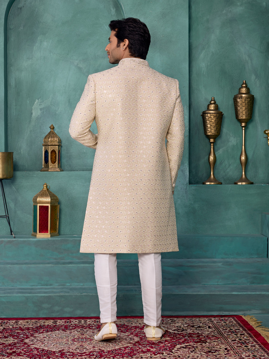 Pista green Art silk Embroidered Computer Thread work Wedding Party Festival Groom Sherwani