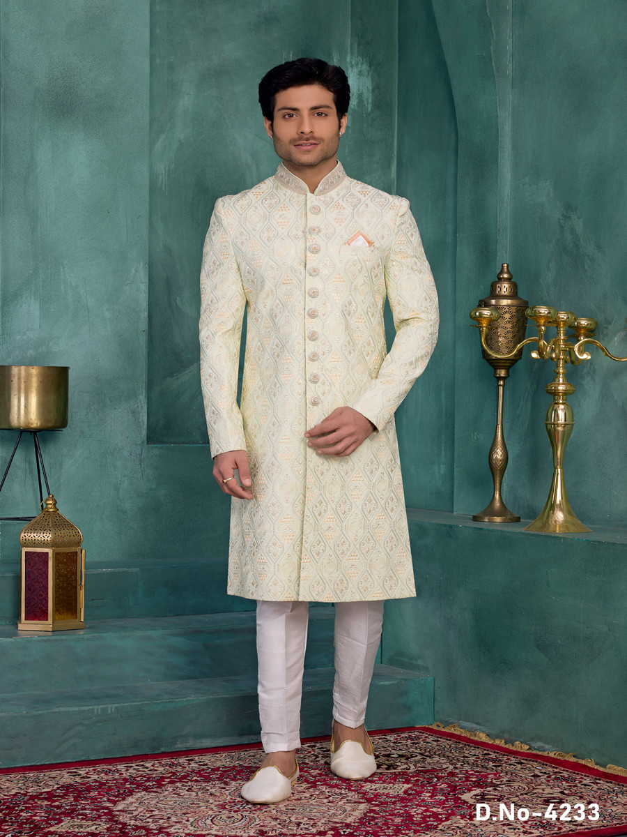 Pista green Art silk Embroidered Computer Thread work Wedding Party Festival Groom Sherwani