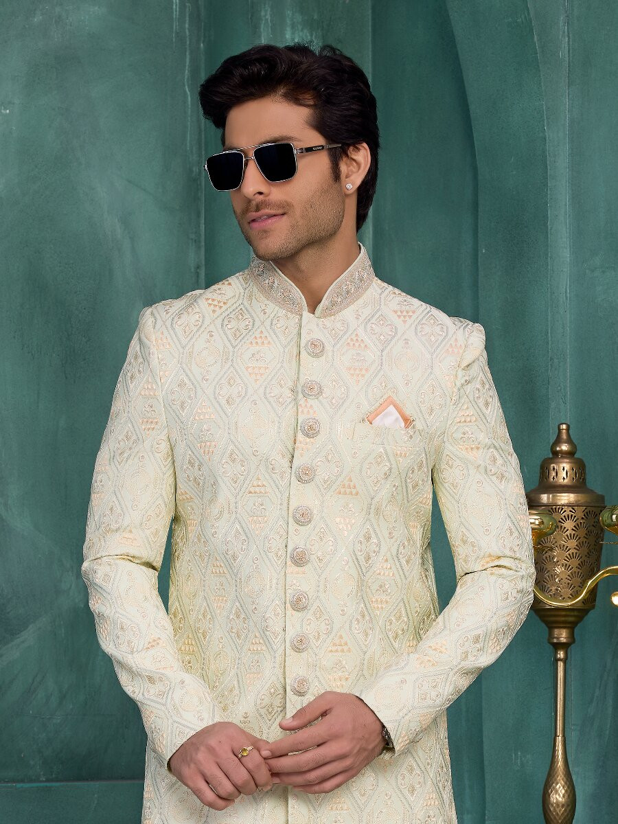 Pista green Art silk Embroidered Computer Thread work Wedding Party Festival Groom Sherwani