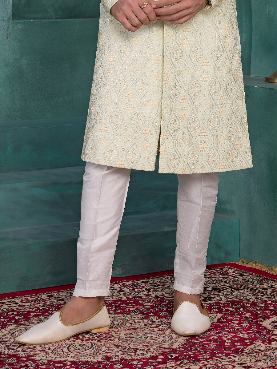 Pista green Art silk Embroidered Computer Thread work Wedding Party Festival Groom Sherwani