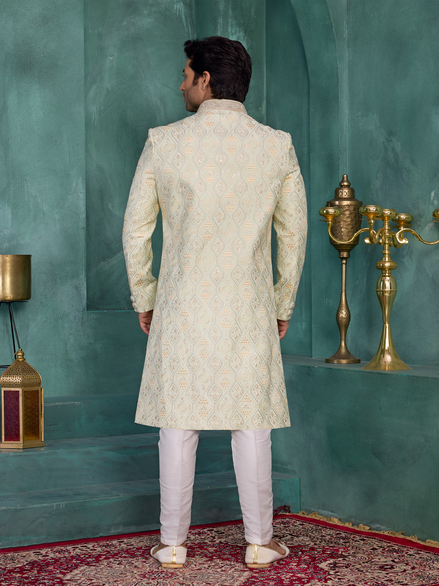 Pista green Art silk Embroidered Computer Thread work Wedding Party Festival Groom Sherwani