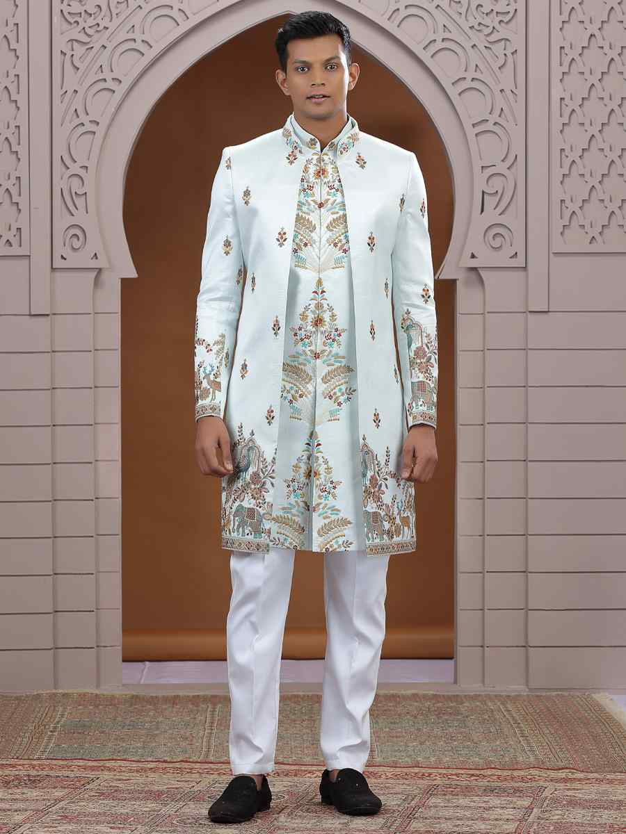 Pista Green Art Silk Embroidered Festival Wedding Mens 3 PCS Indo Western Set