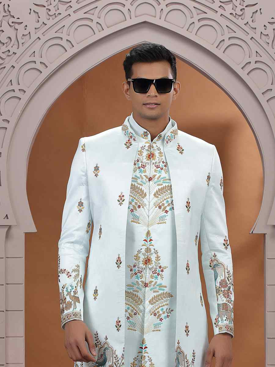 Pista Green Art Silk Embroidered Festival Wedding Mens 3 PCS Indo Western Set