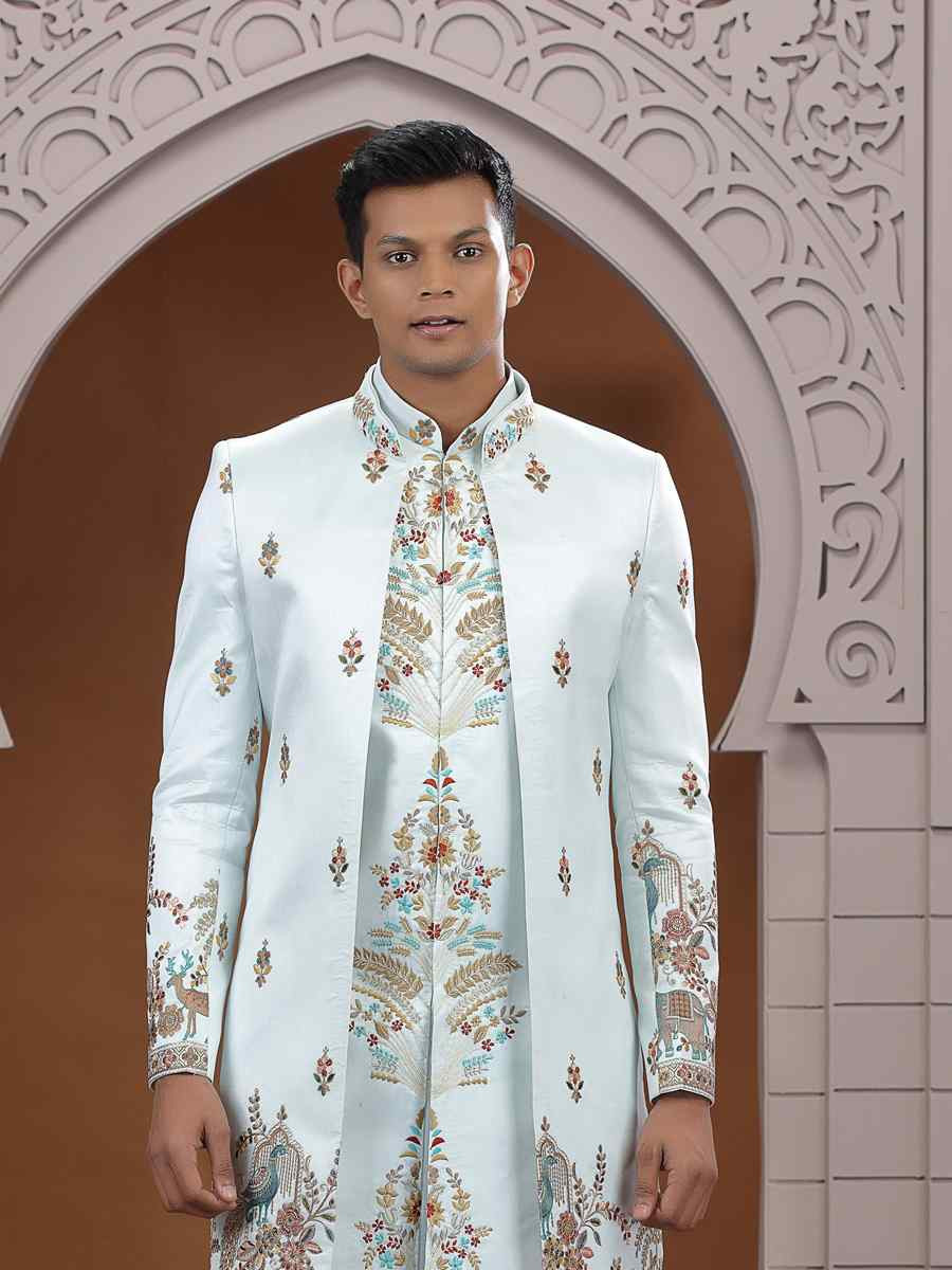 Pista Green Art Silk Embroidered Festival Wedding Mens 3 PCS Indo Western Set