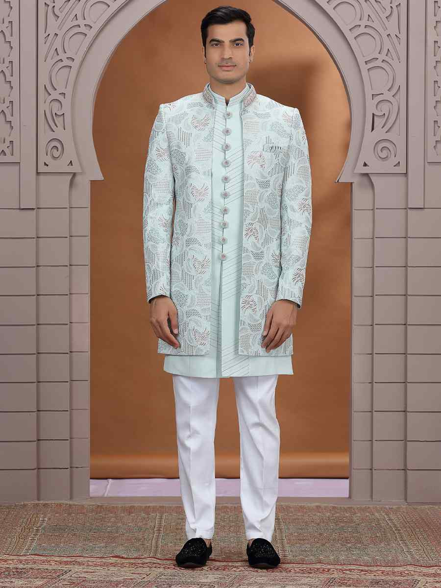 Pista Green Art Silk Embroidered Festival Wedding Mens 3 PCS Indo Western Set