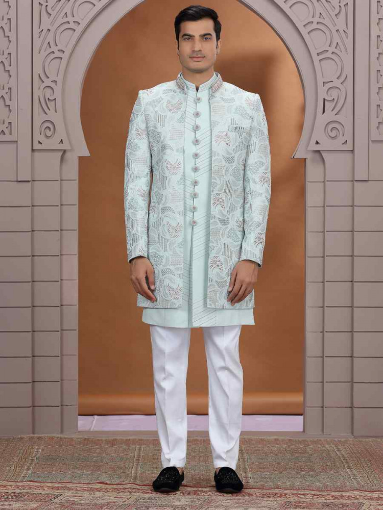 Image of Pista Green Art Silk Embroidered Festival Wedding Mens 3 PCS Indo Western Set