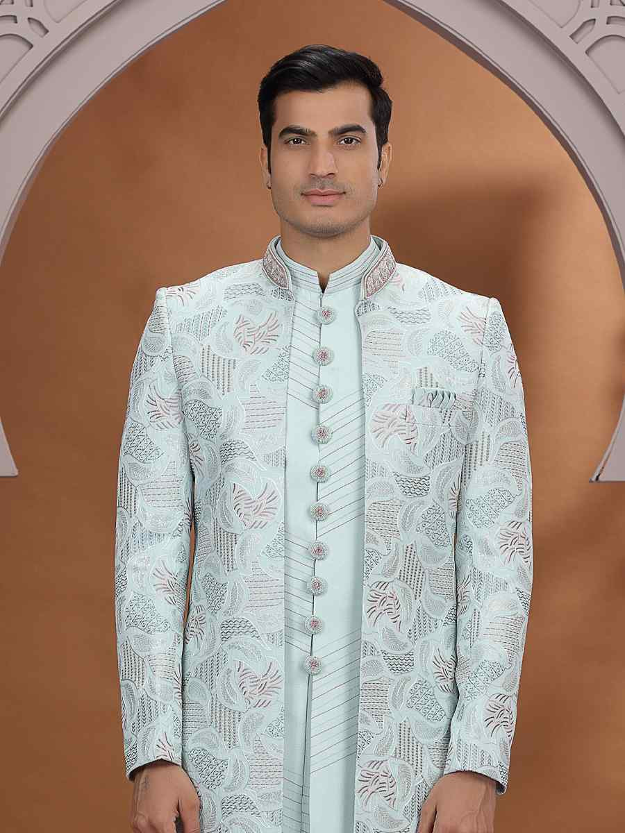 Pista Green Art Silk Embroidered Festival Wedding Mens 3 PCS Indo Western Set