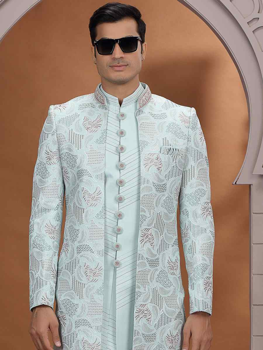 Pista Green Art Silk Embroidered Festival Wedding Mens 3 PCS Indo Western Set