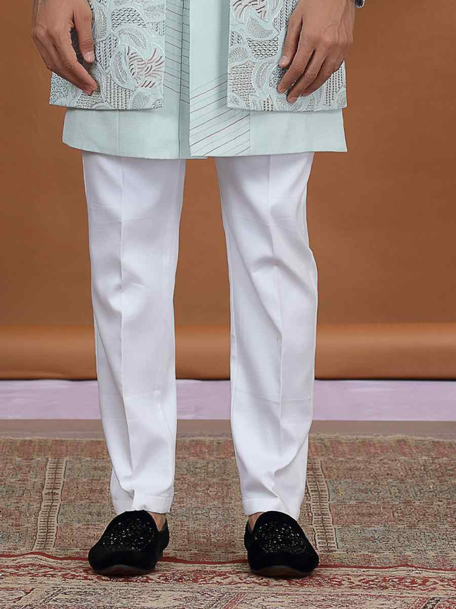 Pista Green Art Silk Embroidered Festival Wedding Mens 3 PCS Indo Western Set