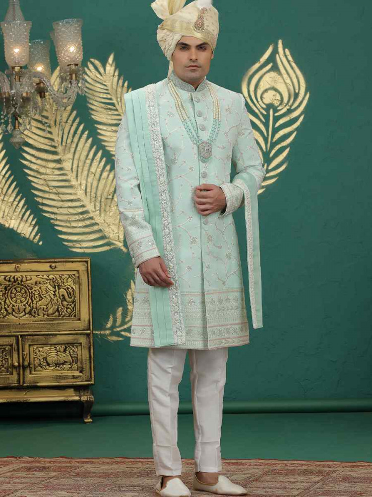 Image of Pista Green Art Silk Embroidered Festival Wedding Mens Sherwani