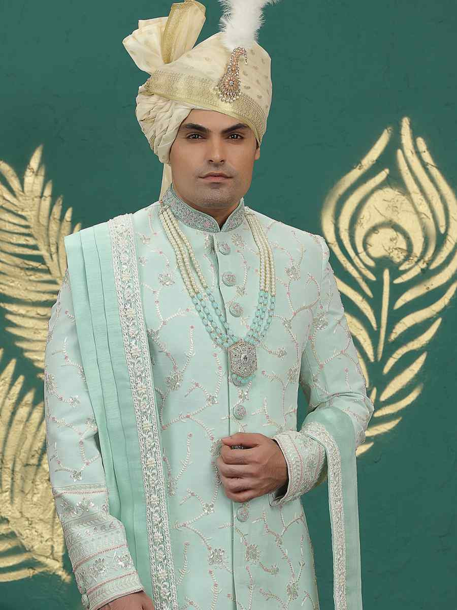 Pista Green Art Silk Embroidered Festival Wedding Mens Sherwani