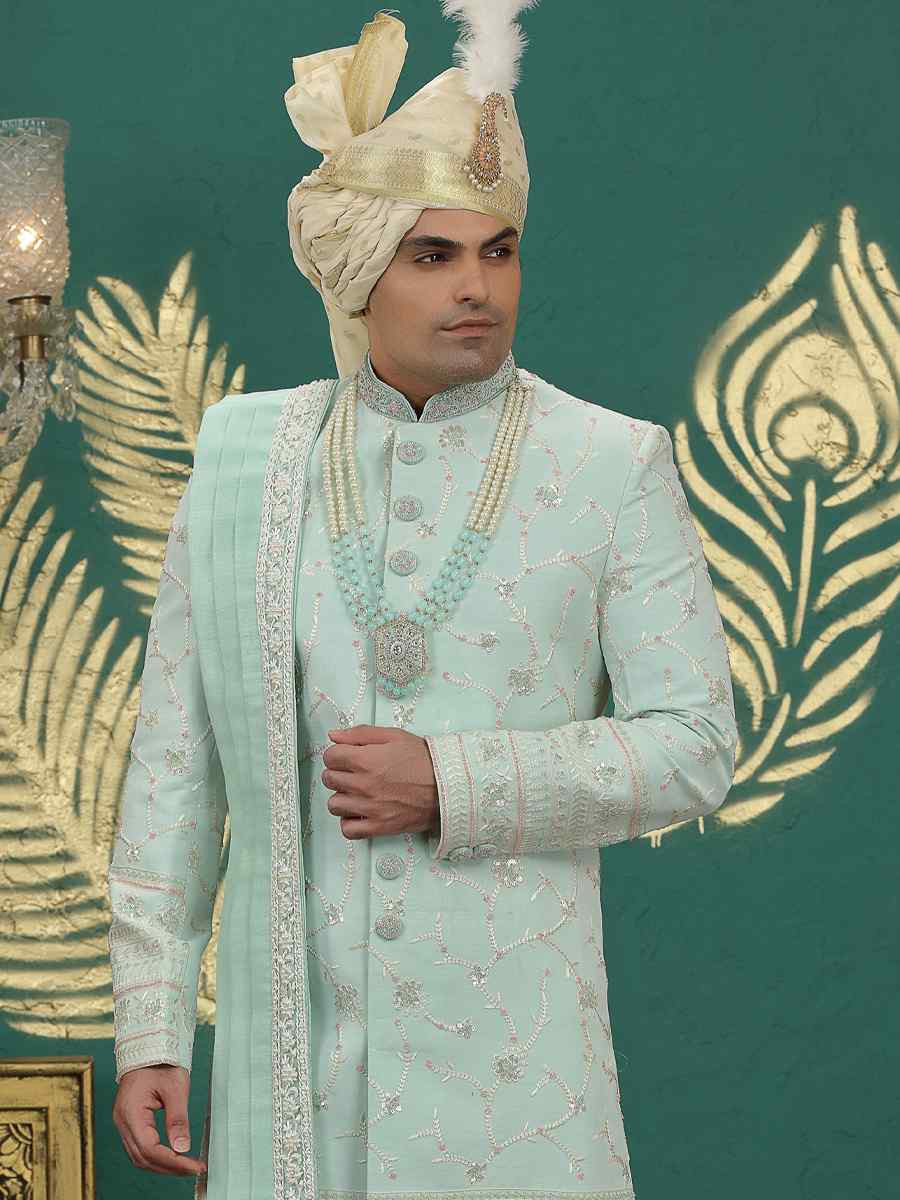 Pista Green Art Silk Embroidered Festival Wedding Mens Sherwani
