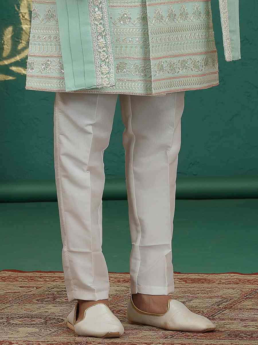 Pista Green Art Silk Embroidered Festival Wedding Mens Sherwani