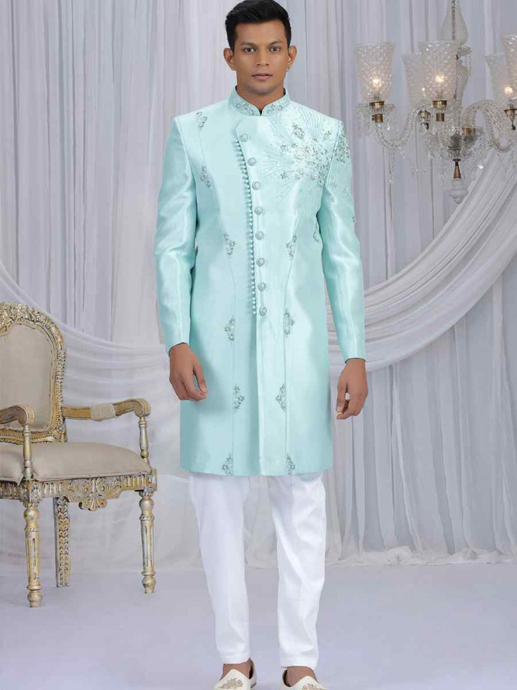 Image of Pista Green Art Silk Embroidered Festival Wedding Mens Sherwani
