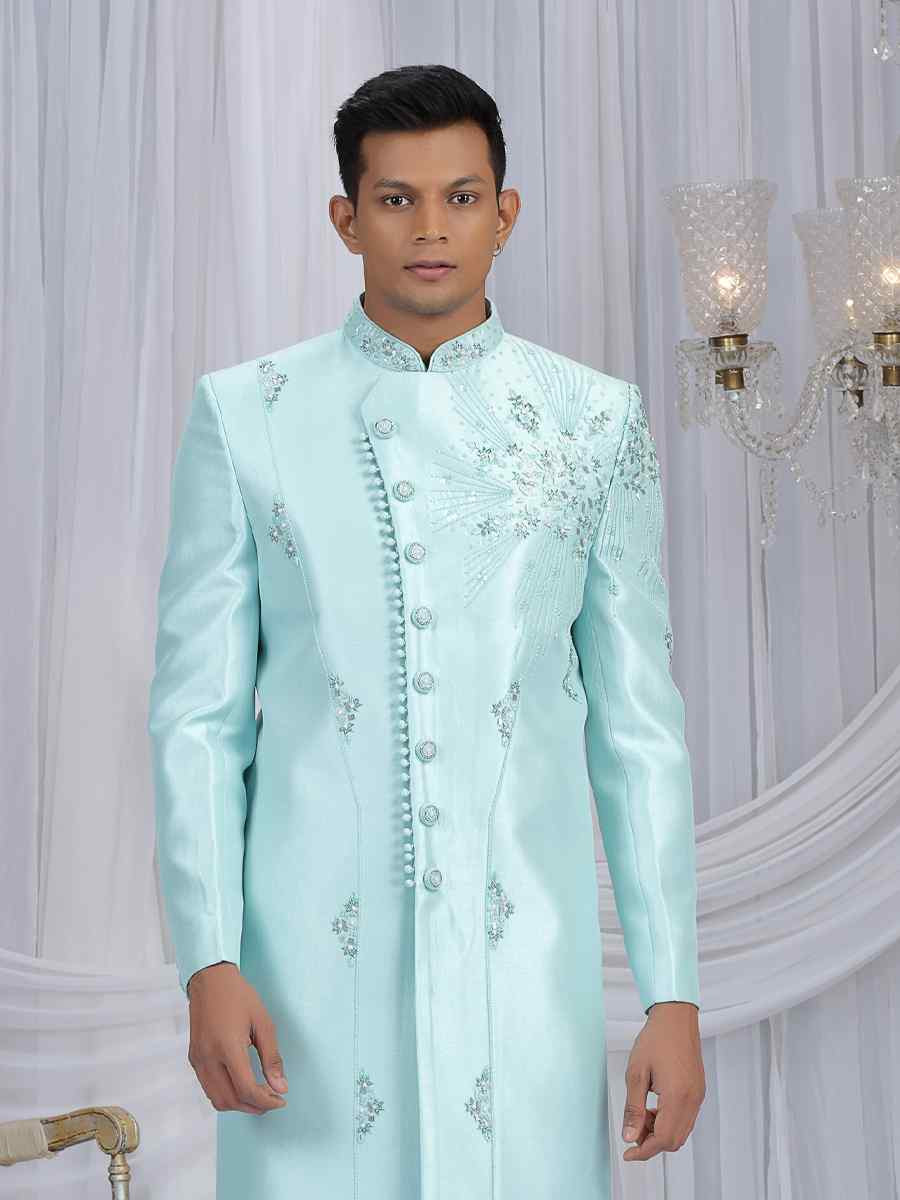 Pista Green Art Silk Embroidered Festival Wedding Mens Sherwani