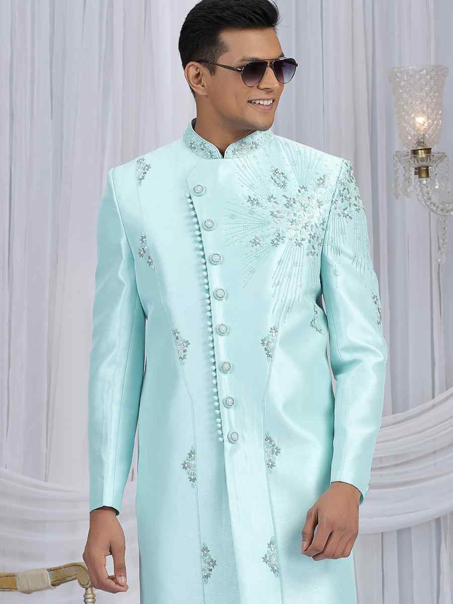 Pista Green Art Silk Embroidered Festival Wedding Mens Sherwani