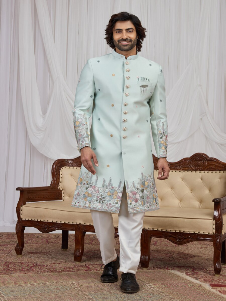 Image of Pista green Art silk Embroidery Wedding Party Festival Groom Sherwani