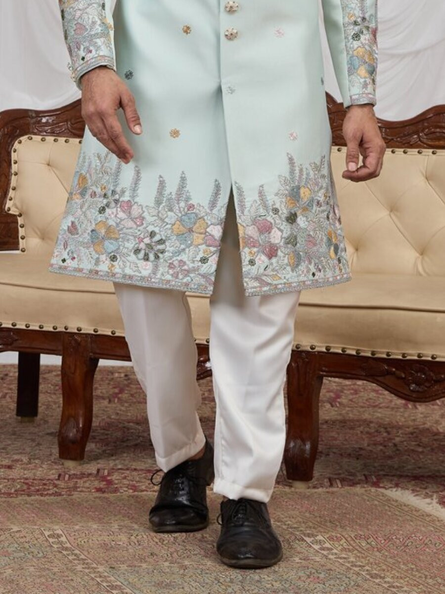 Pista green Art silk Embroidery Wedding Party Festival Groom Sherwani
