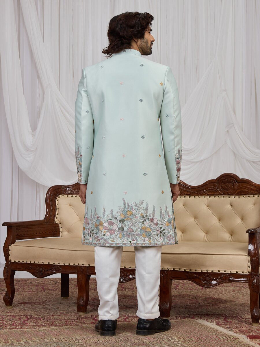 Pista green Art silk Embroidery Wedding Party Festival Groom Sherwani