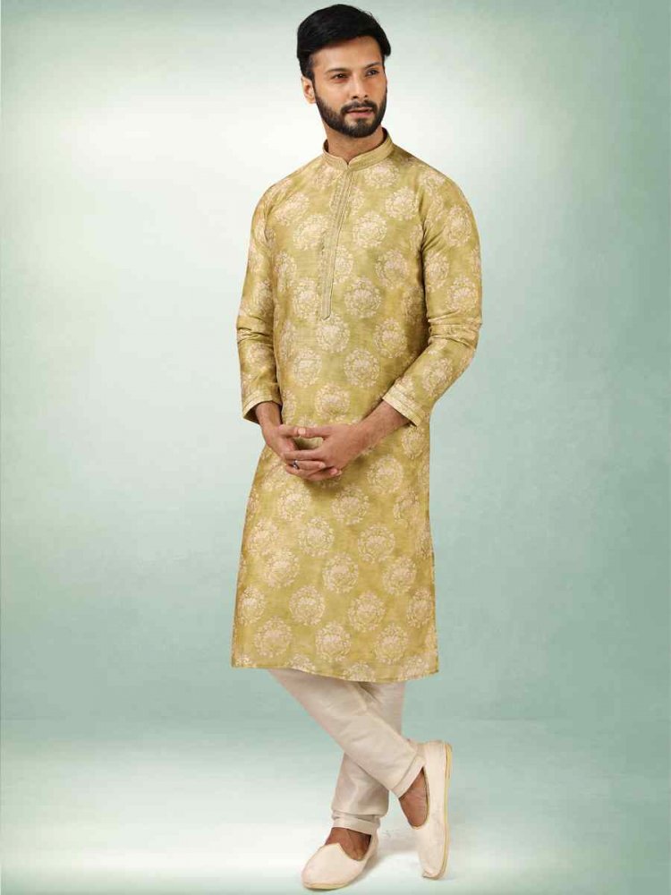 Pista Green Art Silk Printed Festival Kurta