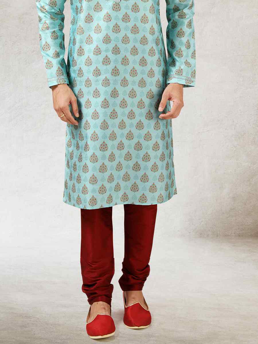 Pista Green Art Silk Printed Festival Kurta