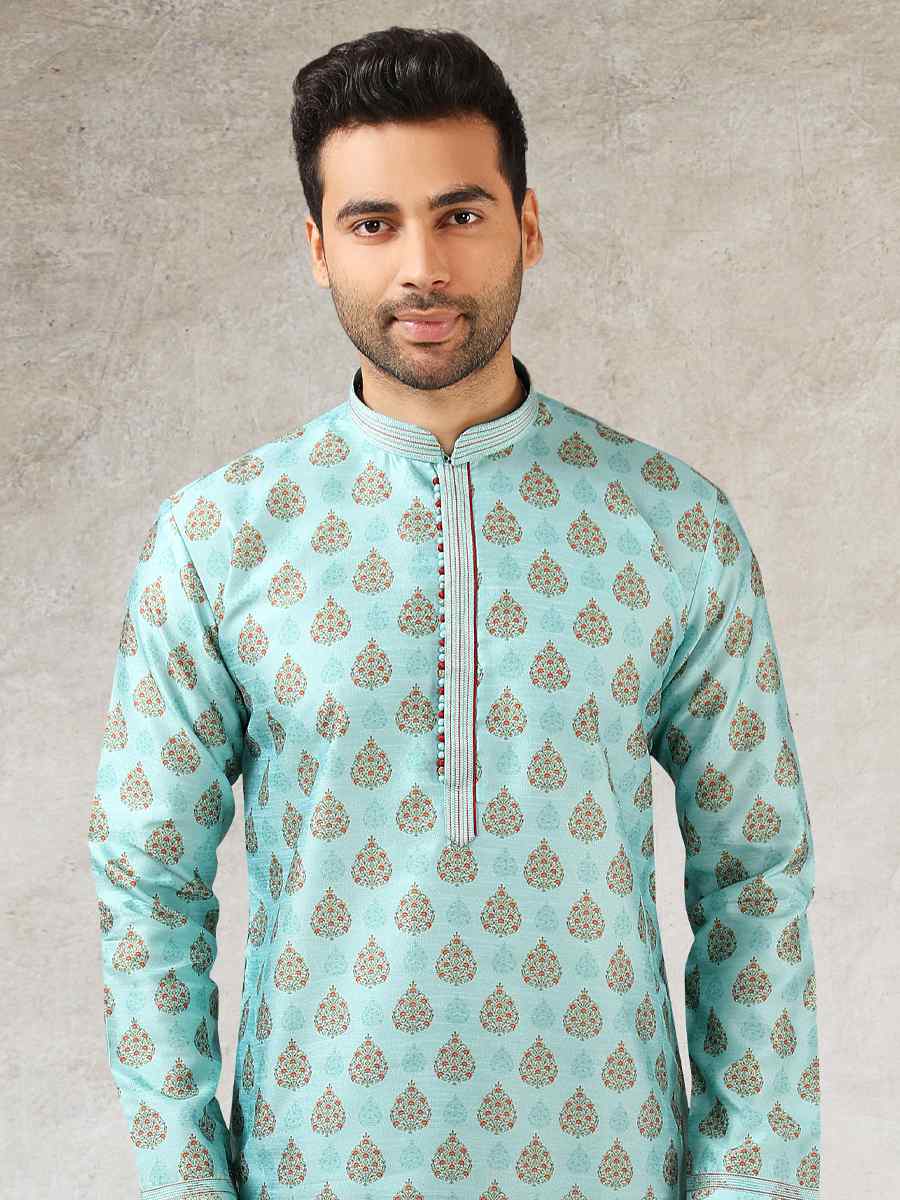 Pista Green Art Silk Printed Festival Kurta