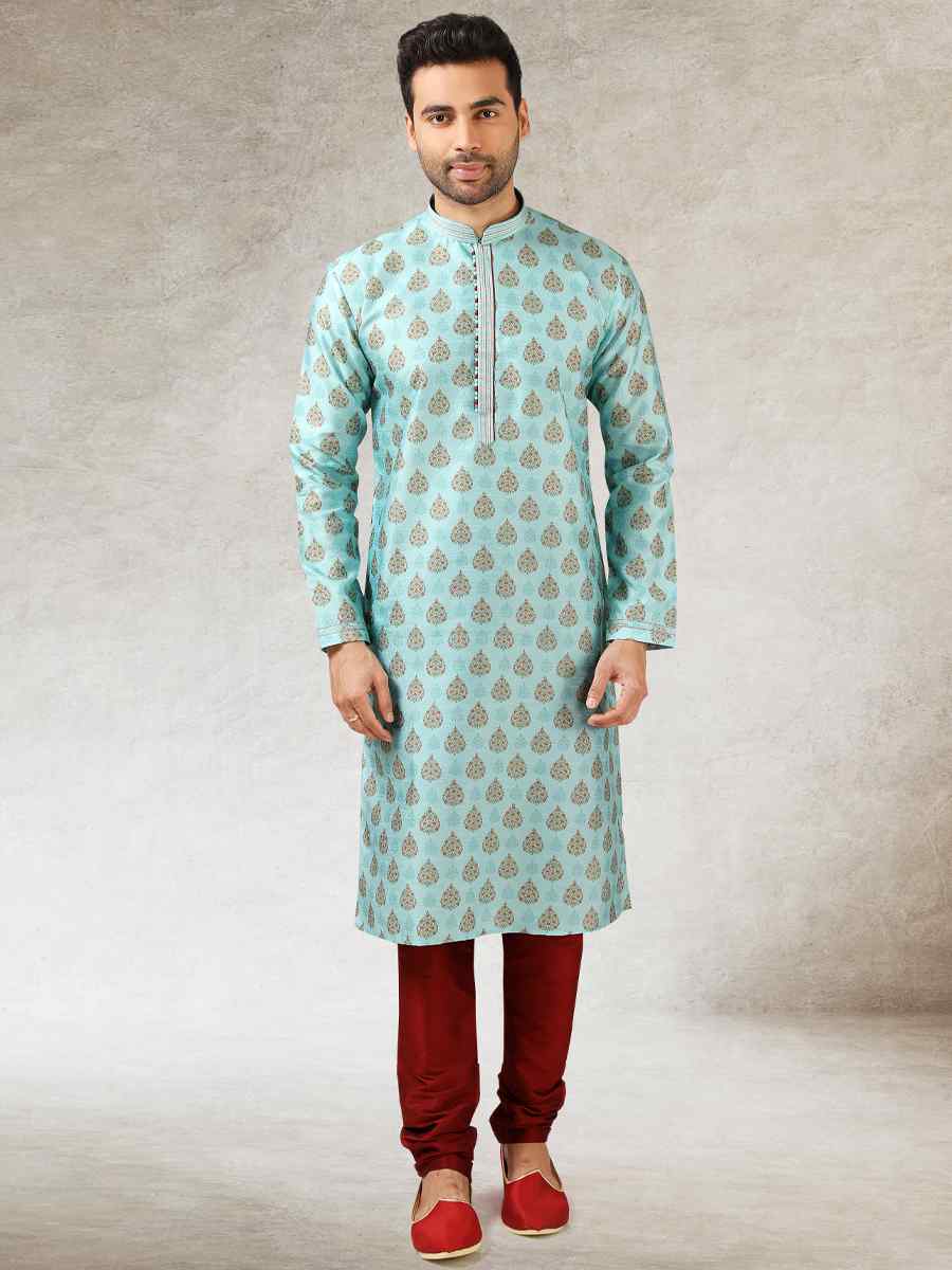 Pista Green Art Silk Printed Festival Kurta