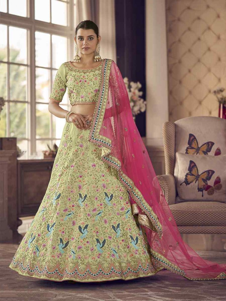 Pista Green Art Silk Zari Sequins Bridal Bridesmaid Heavy Border Lehenga Choli