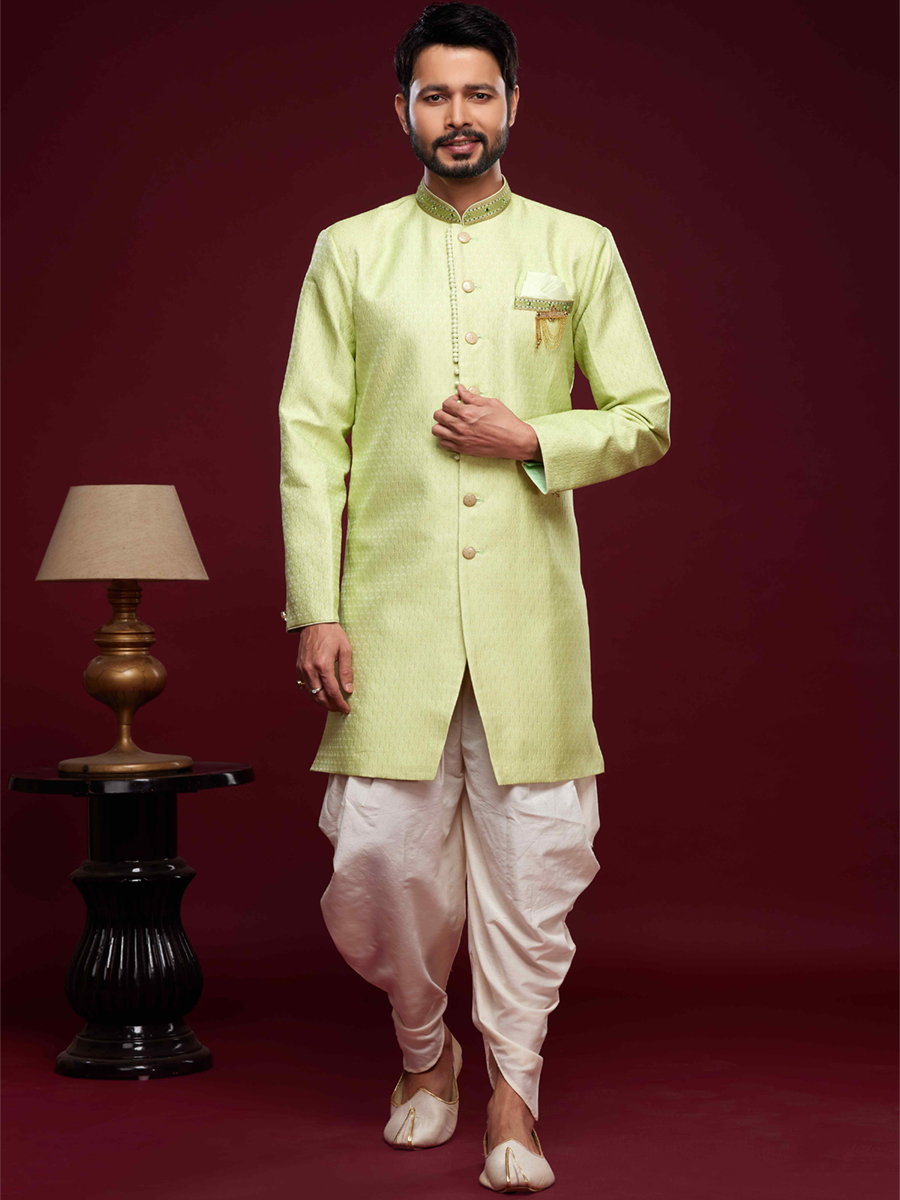 Pista Green Banarasi Jacquard Woven Wedding Party Sherwani