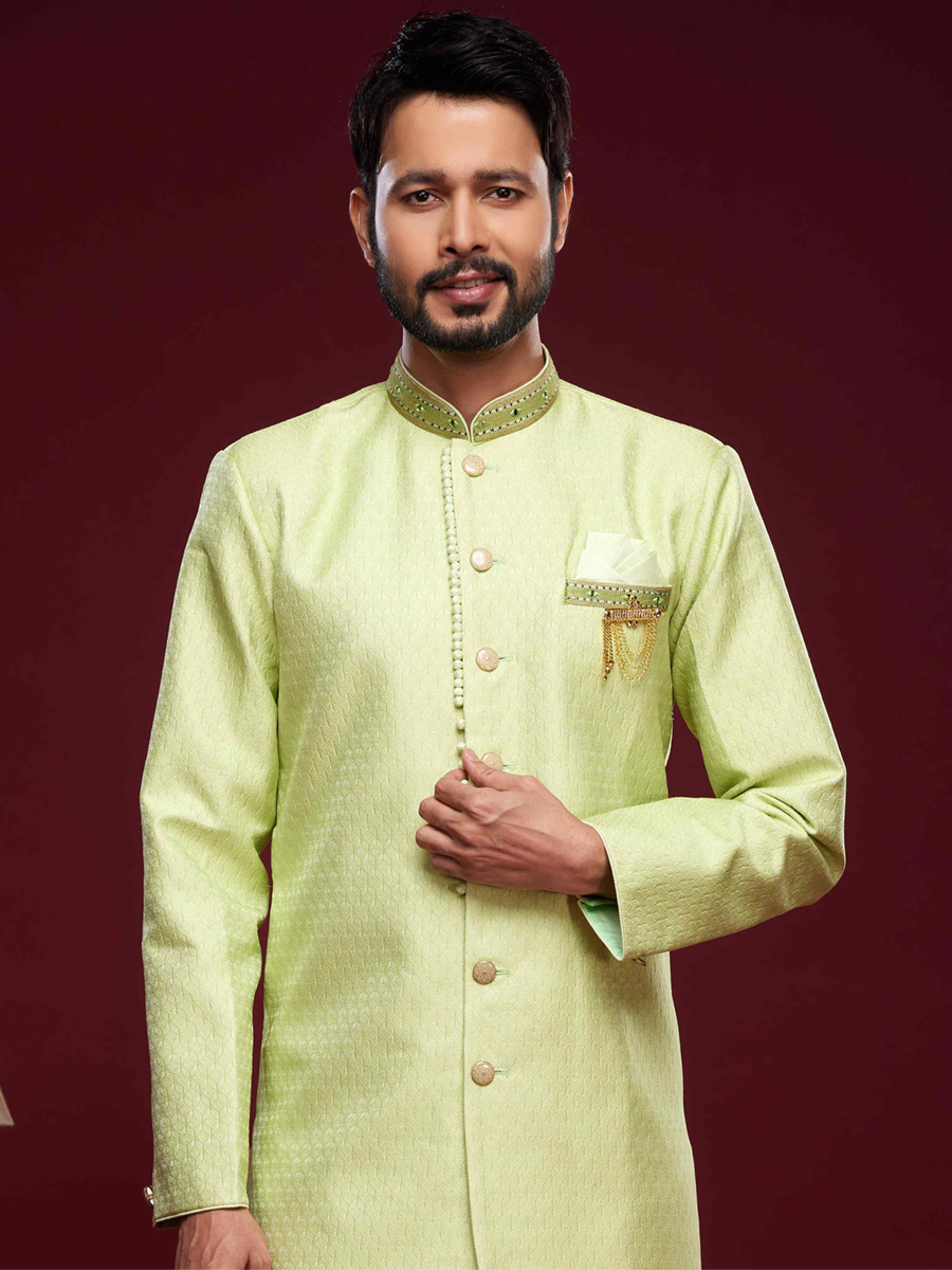 Pista Green Banarasi Jacquard Woven Wedding Party Sherwani