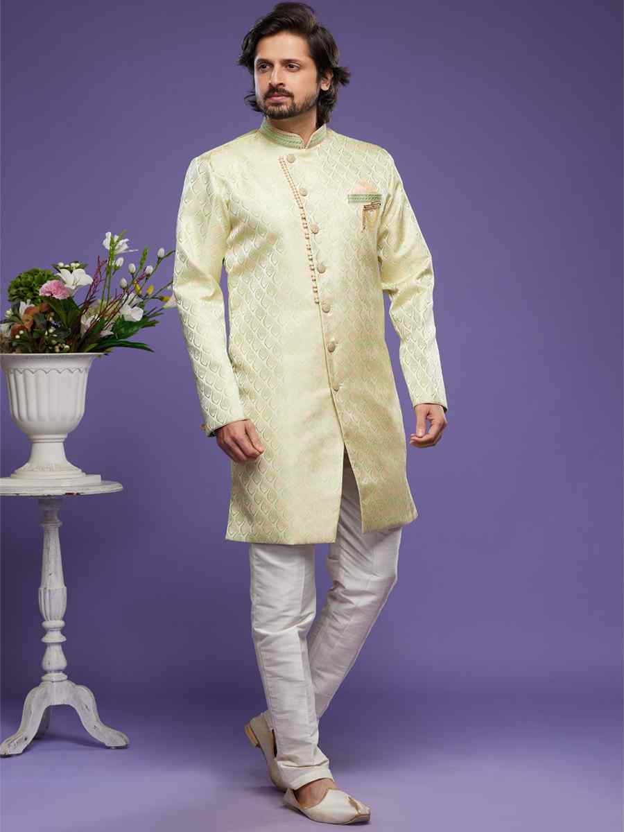 Pista Green Banarasi Jacquard Woven Wedding Party Sherwani