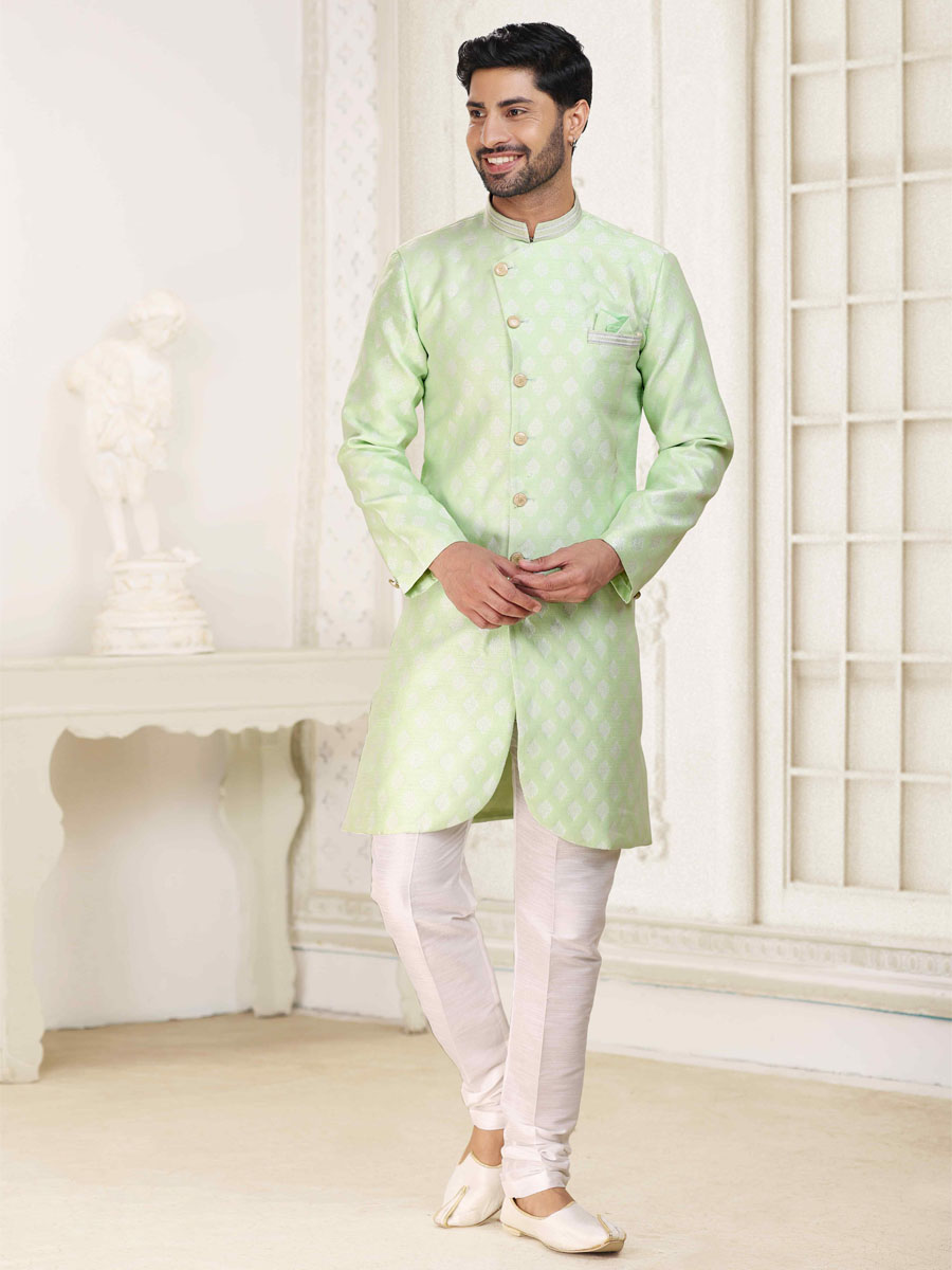 Pista Green Banarasi Jacquard Woven Wedding Party Sherwani