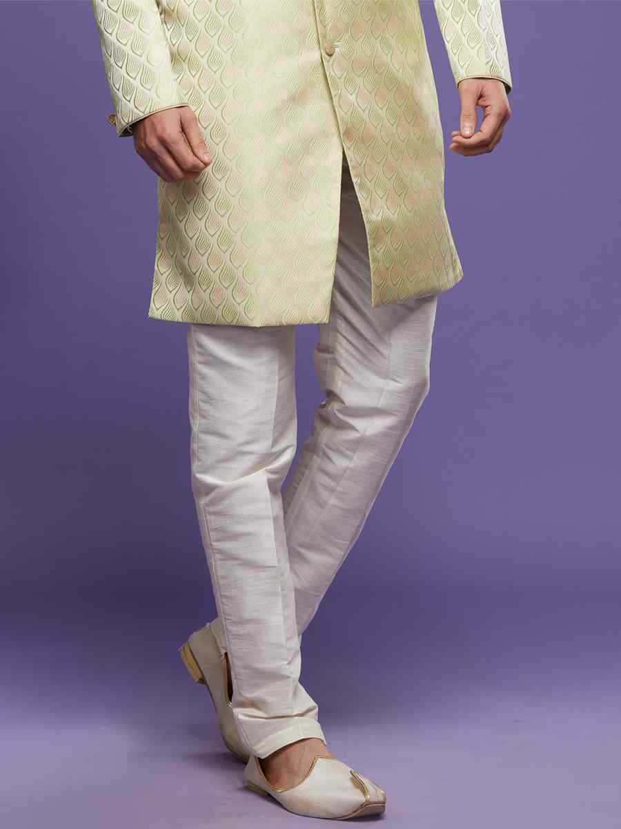 Pista Green Banarasi Jacquard Woven Wedding Party Sherwani