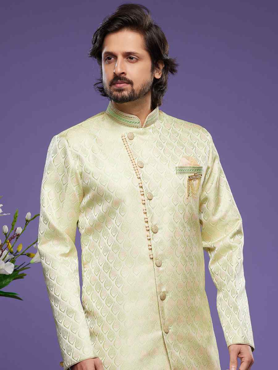 Pista Green Banarasi Jacquard Woven Wedding Party Sherwani