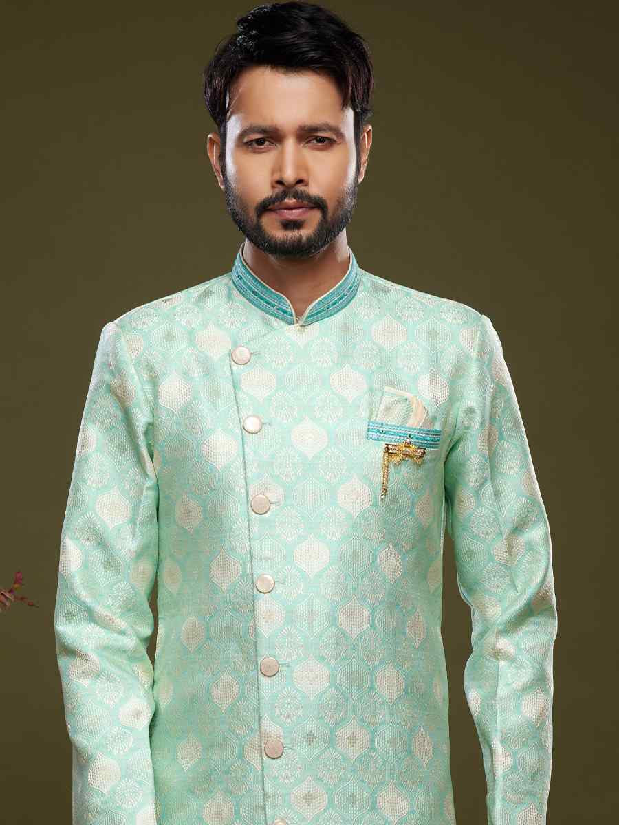 Pista Green Banarasi Jacquard Woven Wedding Party Sherwani