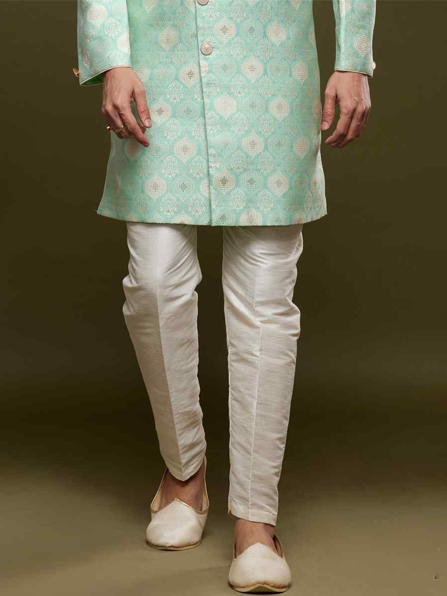 Pista Green Banarasi Jacquard Woven Wedding Party Sherwani