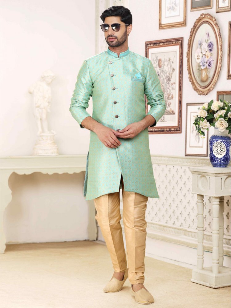 Pista Green Banarasi Jacquard Woven Wedding Party Sherwani