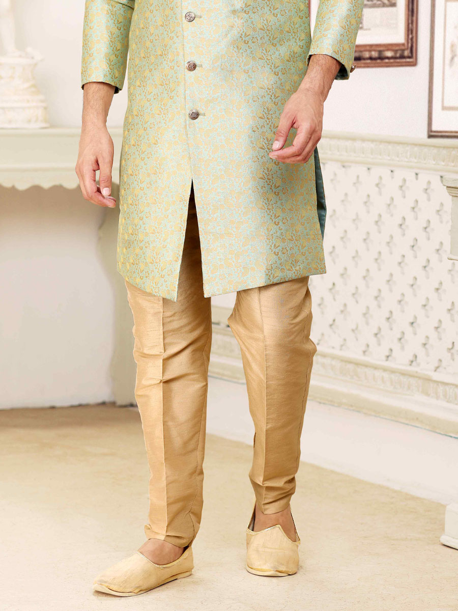 Pista Green Banarasi Jacquard Woven Wedding Party Sherwani