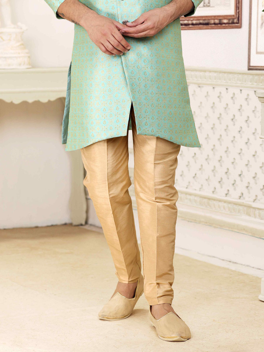 Pista Green Banarasi Jacquard Woven Wedding Party Sherwani
